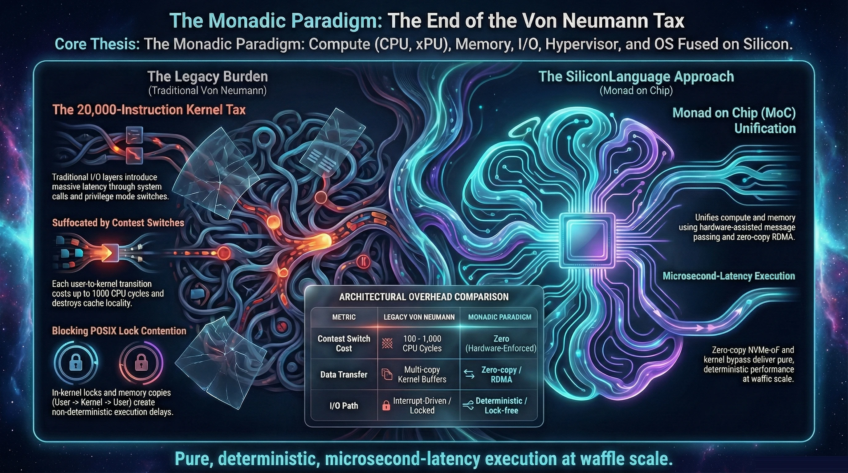 The Monadic Paradigm — The End of the Von Neumann Tax: Architectural Overhead Comparison between Legacy Von Neumann and the Monadic Paradigm